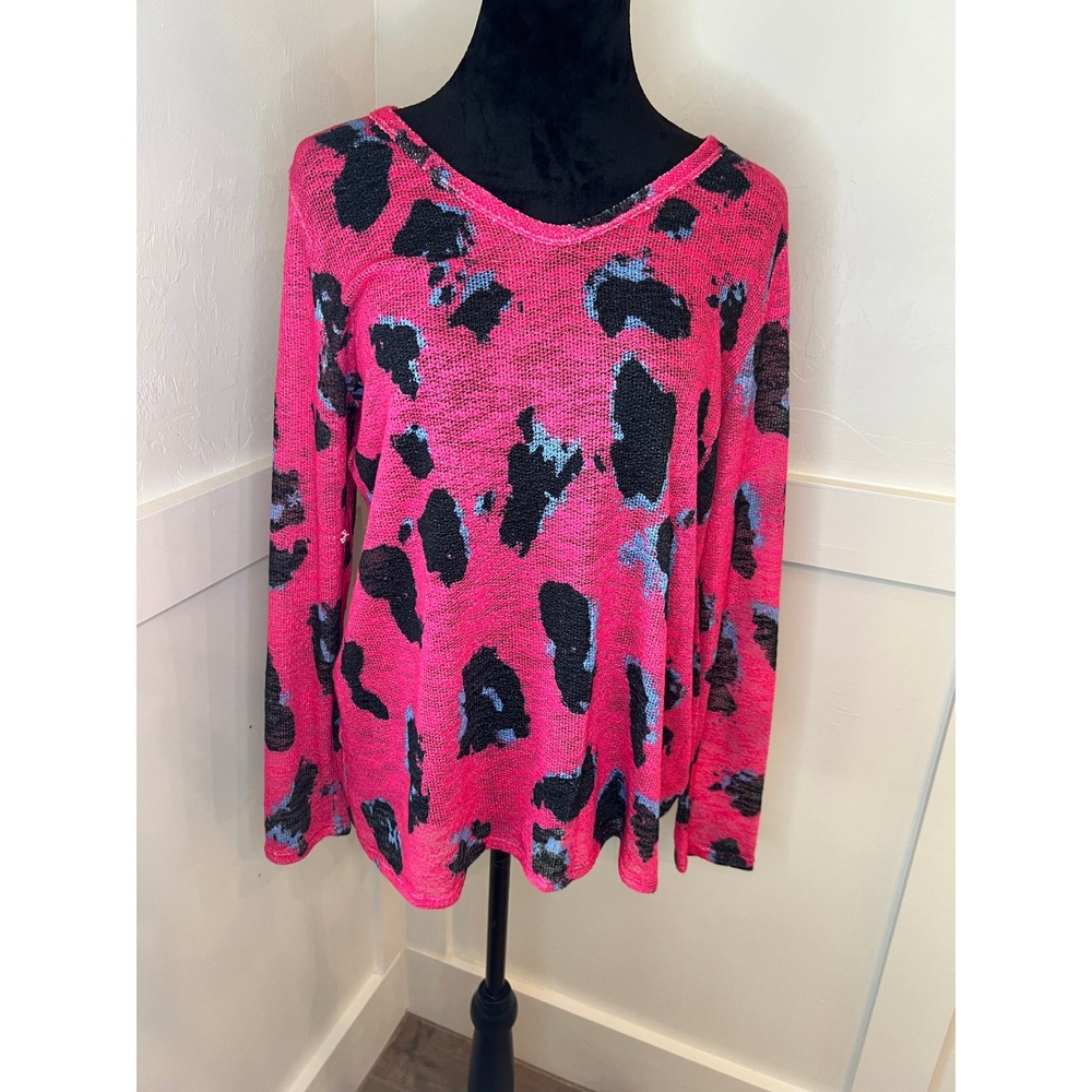 Bibi Women's Pink Black Blue Leopard Print Knit V-Neck Long Sleeve Sweater Top M - Picture 2 of 8